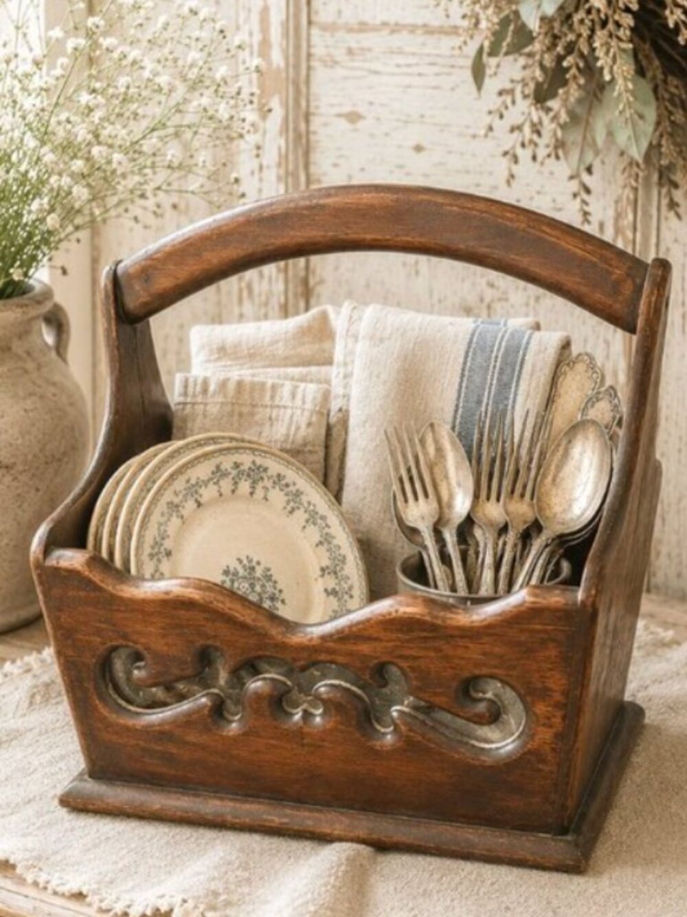 Vintage Primitive Handmade Wooden Basket With Intricate Cut-Out Details